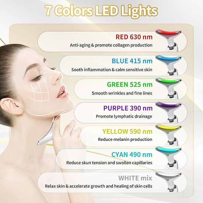 Face Light Therapy Device, Based on Triple Action LED, Thermal, and Vibration Technologies, Face and Neck Beauty Device with 7 Color LED for Home Use, Improve Skin(Glossy White)
