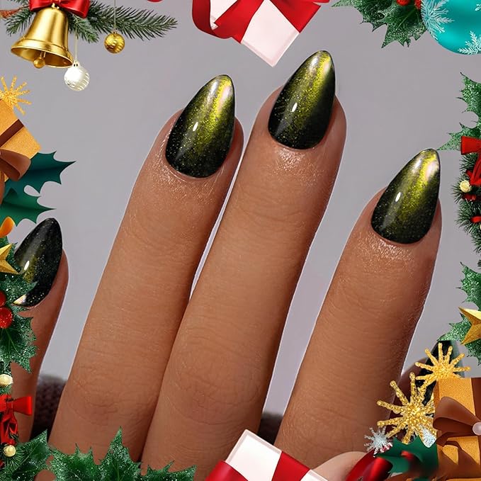 KQueenest Cat Eye Press On Nails Short Almond, Christmas Press On Nails with Glue, Sparkle Gold Black Fake Nails Stiletto, Soft Gel Glue On Nails for Woman, Long-Lasting Glitter Effect, 30 Pcs