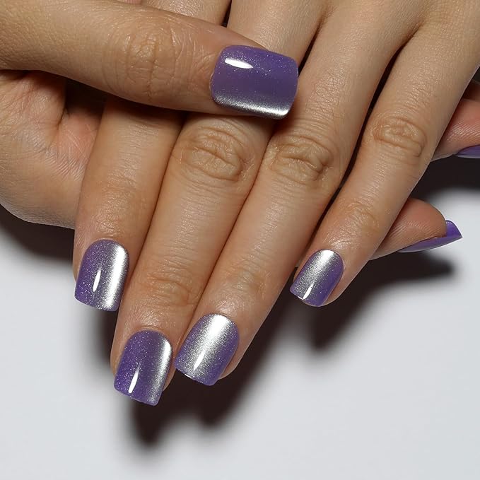 Purple Press On Nails Short - Lavender Color, Cat Eye Press On Nails Square Fake Nail with Color-Shifting Glow, Reusable Stick On Nails, 15 Sizes - 30Pcs, Glue On Nails for Women, Amethyst Drift