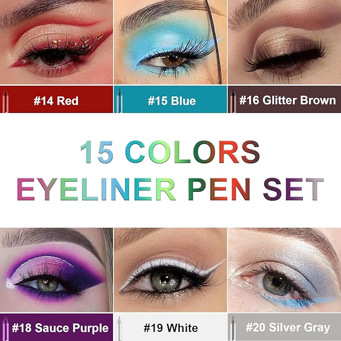 Colorful Eyeliner Pen Set, 15Colors Eye Shadow Pencil, Pearl Eyeliner Kit Metallic Glitter Colored Eye liner for Women Eye&Lip Liner Professional Waterproof Eye Makeup