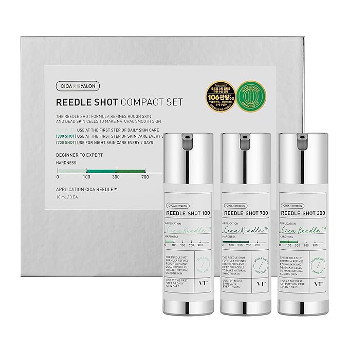 VT COSMETICS Reedle Shot Compact Set, Microneedling Serum Gift Set with Reedle Shot 100, 300, 700, Exfoliating, Anti-Aging, Travel Size Skincare for Women (0.34 oz / 10ml Each)