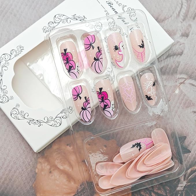 24Pcs Halloween Press On Nails Short Almond Fake Nails Pink Pumpkin Spiders Web Bat Designs Full Cover Artificial Stick on Nails Cute Ghost False Nails for Women Girls Acrylic Manicure Decorations
