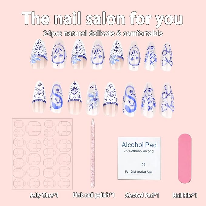 Blue White Totem Press on Nails French Tip Fake Nails Medium Almond False Nails with Design Bow Glue on Nails 3D Embossed Flowers Snake Stick on Nails Handmade False Nails for Women Acrylic Nails