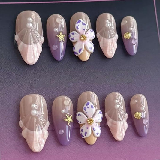30Pcs Purple Flower Press on Nails Medium Almond Fake Nails with 3D Gold Shell Pearl Design Pink French Tip Acrylic False Nails Water Drop Ombre Summer Full Cover Stick on Nails for Women