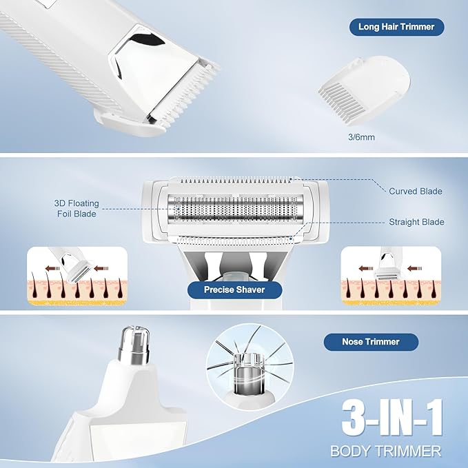 Suttik Bikini Trimmer for Women, 3 in 1 Electric Shaver for Women, Waterproof Pubic Body and Nose Hair Trimmer, Rechargeable Electric Razor for Underarm Leg Arm Body Nose