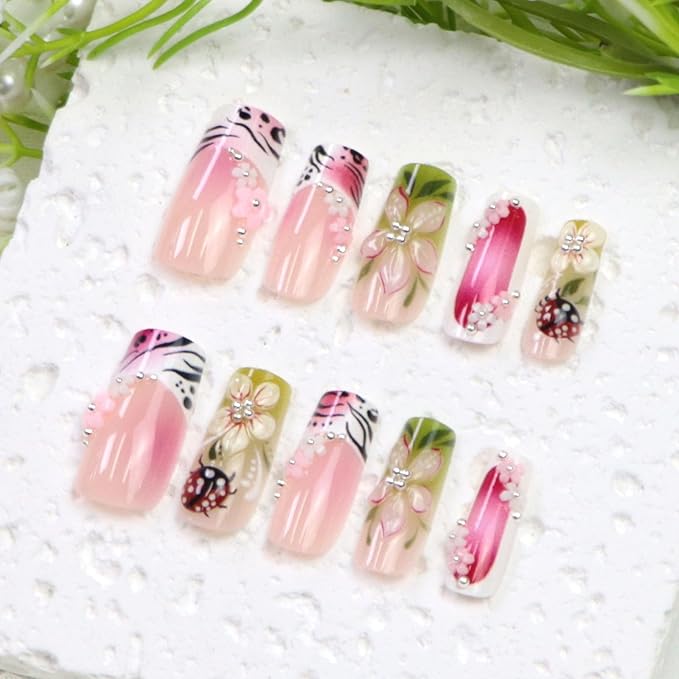 Medium Press on Nails Square Fake Nails with 3D Flower Pearl Designs White French Tip Nails Press ons Green Gradient Acrylic Nails for Women 24Pcs