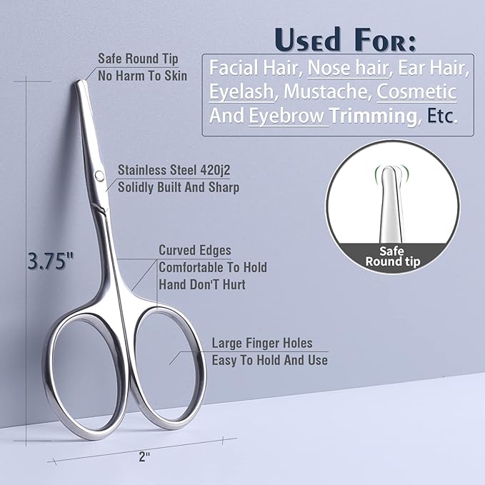 3.75" Nose Hair Scissors, Round Tip Small Facial Mustache Scissors for Men's Trimming