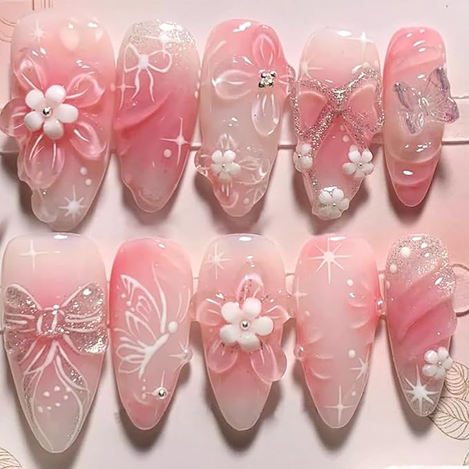 24Pcs Flower Press on Nails Medium Almond Fake Nails 3D Flowers Bow Butterfly with Rhinestones Glitter Designs Full Cover Pink Ombre Stick on Nails Summer False Nails for Women Girls Acrylic Nail Art