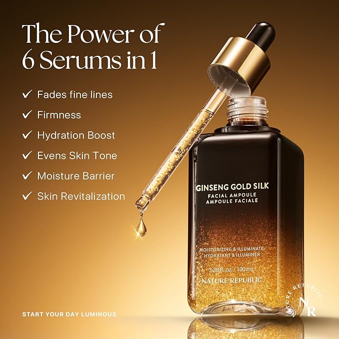 Nature Republic Ginseng Gold Silk Facial Ampoule, Hydrating moisturizer, Niacinamide & Silk Amino Acid, Royal Jelly Extract, Korean Skin Care for all skin types, Holiday Gifts 100 ml / 3.38 Fl. oz.