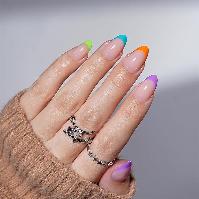 French Tip Press on Nails, Short Press on Nails Almond Reusable Glossy Soft Gel False Nails Press ons for Women, 16 Sizes 32 Count Nails Kit with Glue (SV-01)