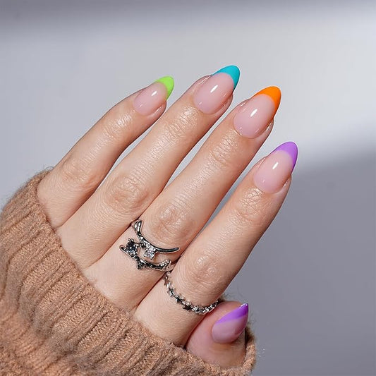 French Tip Press on Nails, Short Press on Nails Almond Reusable Glossy Soft Gel False Nails Press ons for Women, 16 Sizes 32 Count Nails Kit with Glue (SV-01)