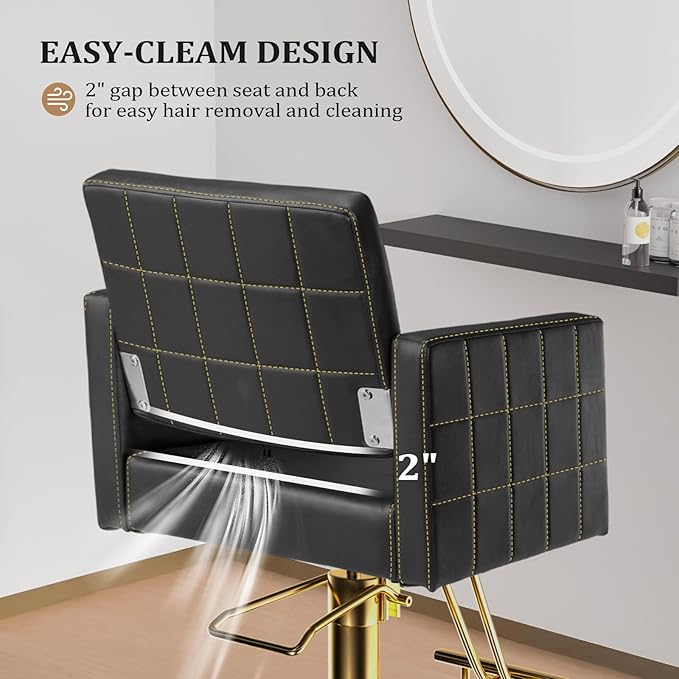 mefeir Black and Gold Barber Chair Hair Salon Chair with Heavy Duty Hydraulic Pump, Square Base, Stainless Steel Footrest,Styling Chair for Beauty Spa Hairdressing Braiding