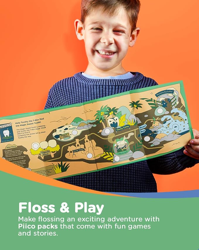 Piico Unflavored Kids Floss - No Fluoride Dual Line Dental Floss Picks - Fun Oral Care in Colorful Floss Sticks Design - Flossers Prevent Tooth Decay & Gum Disease - 300 Playground Dino & Travel Case
