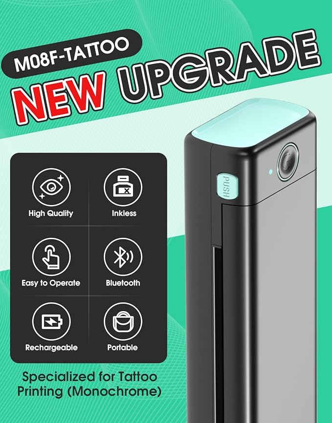 Phomemo M08F Wireless Tattoo Transfer Stencil Printer, Thermal Tattoo Machine with 10pcs Free Stencil Paper, Portable Printer Kit for Artists & Beginners, Compatible with Smartphone & PC