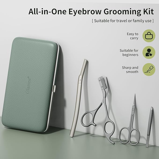 Eyebrow Trimmer Kit Scissors Tweezers Razor Facial Shaver Grooming Set with Mirror Travel Cases
