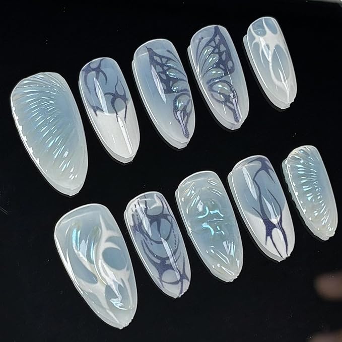 30Pcs Blue Gradient Press on Nails Medium Almond Fake Nails with Butterfly Wings Irregular Lines Designs Full Cover White French Tip Stick on Nails Summer False Nails for Women Girls Acrylic Nails