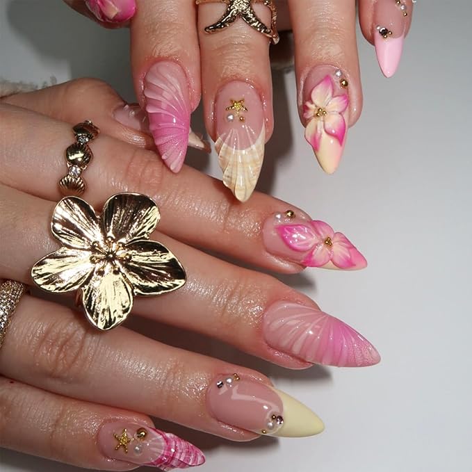 24Pcs Medium Press on Nails Almond French Tip Fake Nails Pink Hawaii Flower Acrylic Nails with Gold Rhinestones Design Summer Glue on Nails Full Cover Artificial False Nails Tips for Women Manicure
