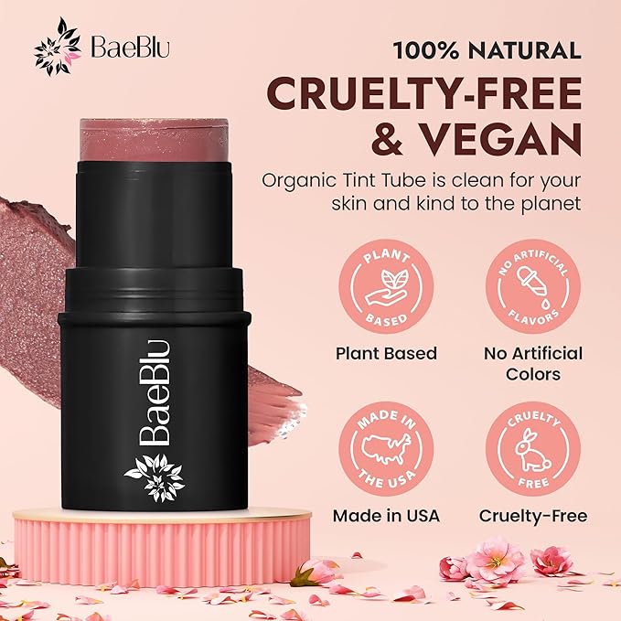 BaeBlu - Organic Blush Tube, Cabernet - 100% Natural Vegan Cream Blush Sticks, Multi-Use Bronzer, & Highlighter for Lips, Cheeks & Eyes, Buildable Shimmer, Gluten-Free, Paraben-Free, Made in USA