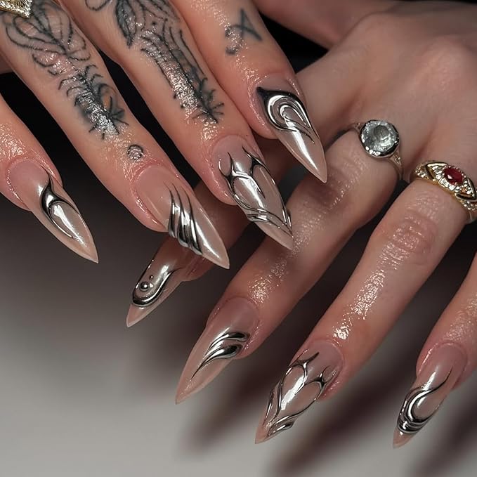 IMRAIN Press on Nails Medium Almond Fake Nails Nude Cat's Eye False Nails with 3D Irregular Line Designs Acrylic Nail Supplies Glossy Glue on Nails for Women Girls Manicure Decor