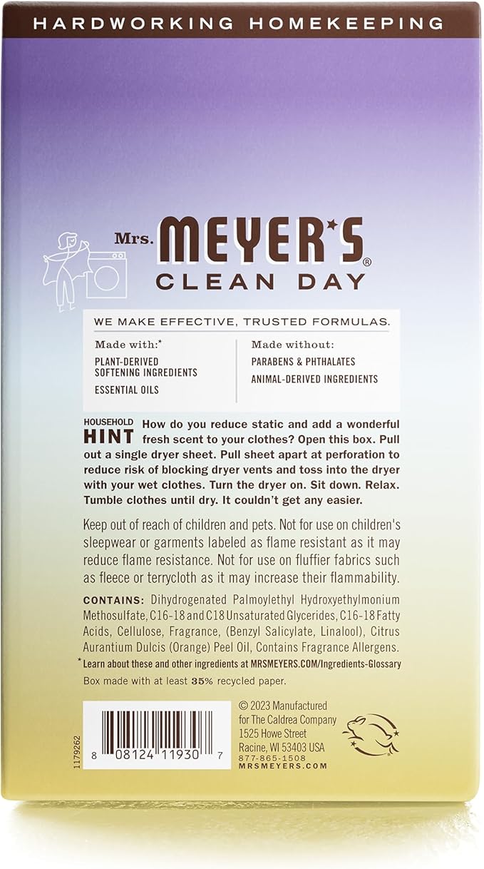 MRS. MEYER'S CLEAN DAY Dryer Sheets, Fabric Softener, Reduces Static, Infused with Essential Oils, Compassion Flower, 80 Count