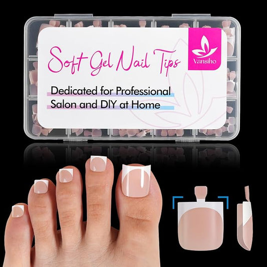Vansiho 150 pcs French Tip Toe Nail Tips Press on, French Tips Toenail Press on Square for Women, Soft Gel Fake Toe Nails, Acrylic Nails Soak off Toe Nail Home DIY 15 Sizes