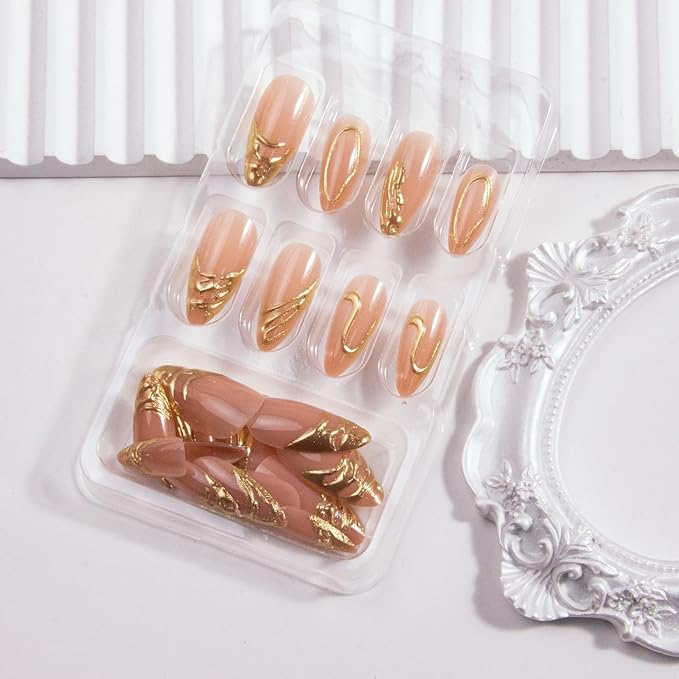 Press on Nails Medium Almond Fake Nails Gold Stripes Line False Nails French Tip Acrylic Nails Reusable 3D Gold Artificial Nail Full Cover Glue on Nail for Women Girls Manicure 24Pcs