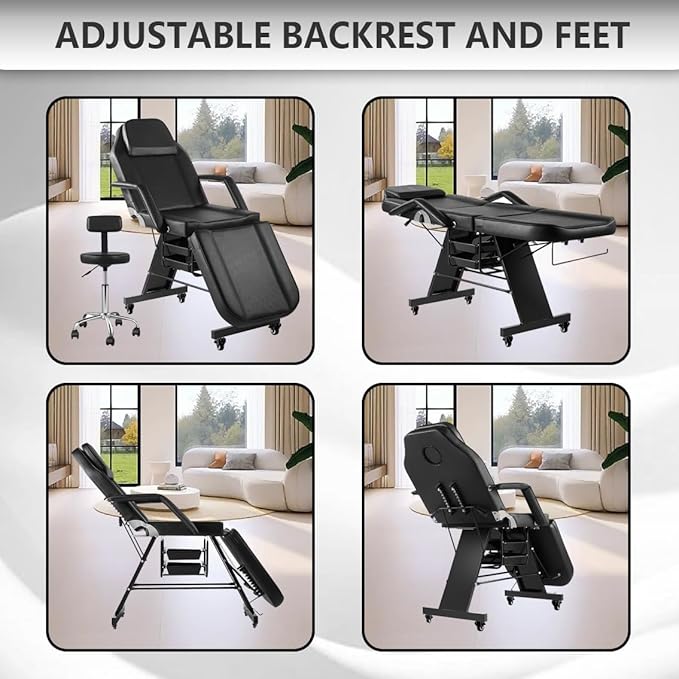 Facial Chair with Wheel Tattoo Chair for Client Beauty Chair Artist Spa Bed Removable Headrest for Client, Esthetician, Artist, Lash Bed Black