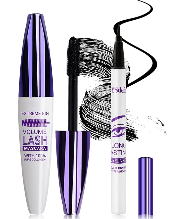 Black Mascara Liquid Eyeliner Set, Update Longlasting Waterproof Color Eye Liner Pen, 5D Silk Fiber Colored Mascara Volume and Length, Christmas Party Stage Use Eye Makeup Gift Kit for Women Girl-01