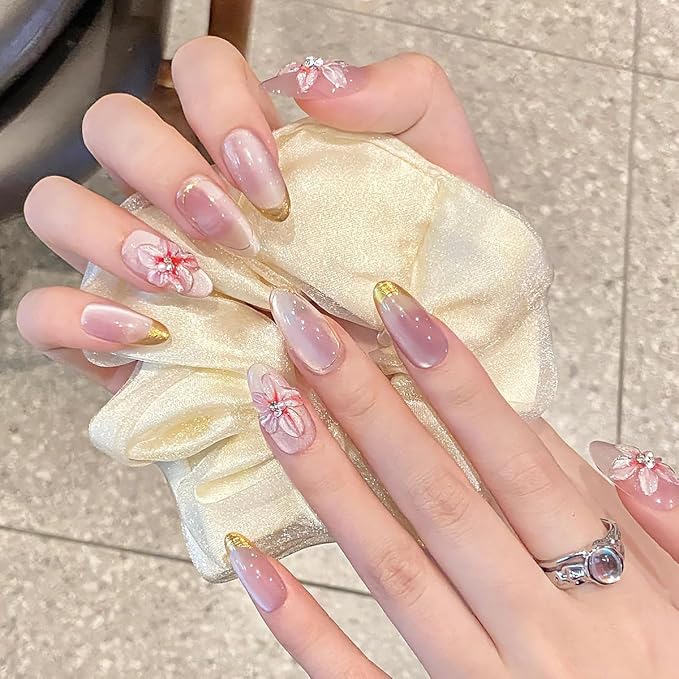 Handmade Press on Nails Medium Almond Fake Nails Gold French Tip False Nails with 3D Flower Design Silver Rhinestones Stick on Nails Pink Artificial Nail Full Cover Glue on Nails for Women DIY 10Pcs