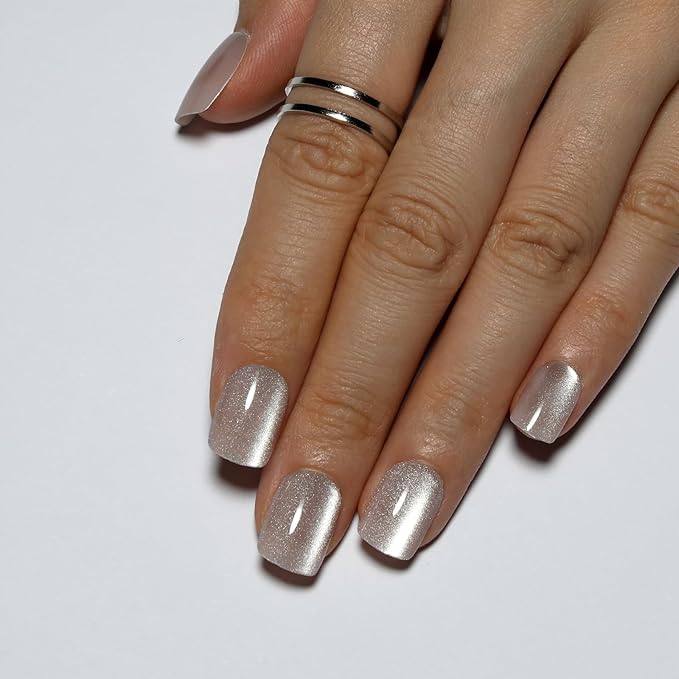 Nude Press On Nails Square, Cat Eye Press On Nails Short Fake Nails with Color-Shifting Glow, Reusable Stick On Nails, 15 Sizes - 30 Nail Kit with Glue, Natural Glue On Nail for Women, Silken Glow