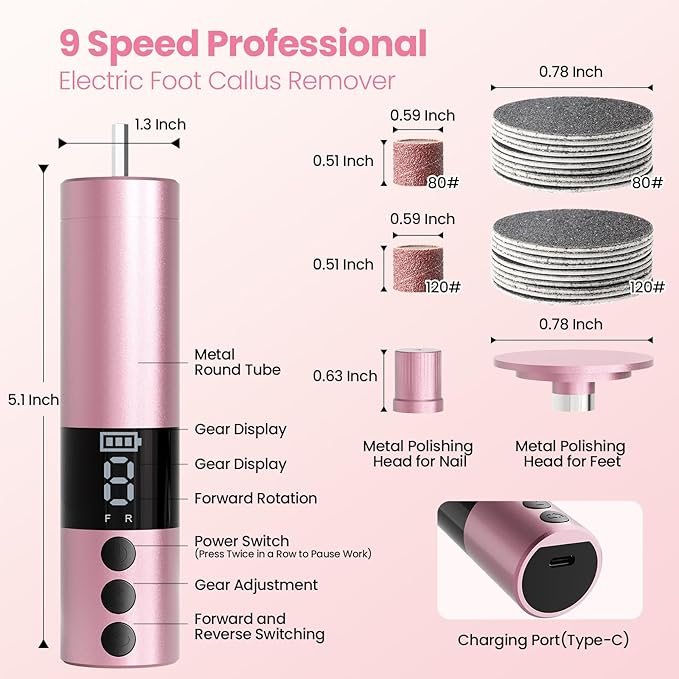 Electric Callus Remover for Feet, Rechargeable Professional Electronic Foot File Nail Grinder,9 Adjustable Speed Foot Sander Scrubber Pedicure Tool for Dry Dead Skin with Sandpaper Discs (Pink)