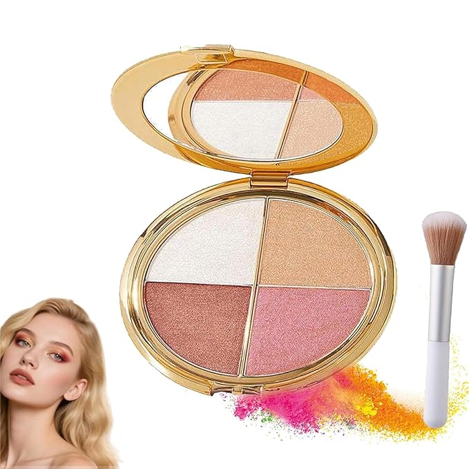 Eye & Cheek Palette - Eyeshadow and Highlighter Makeup (with Detachable Brush), Makeup Palettes Contour Kit, Shimmer Glow Face Highlighter Palette for Women Face, Natural Glow Contour Powder ((3pcs))
