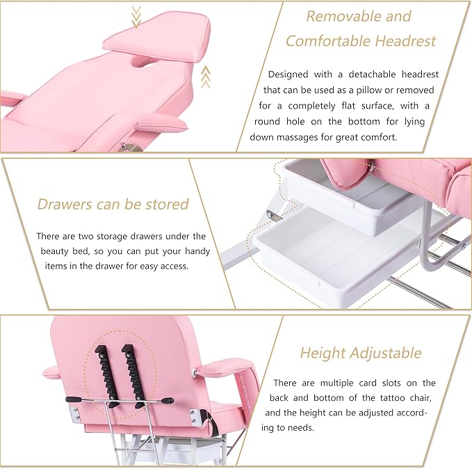 Tattoo Chair Facial Bed with Two Trays Esthetician Bed Adjustable Folding Salon Bed with Hydraulic Stool Massage Bed for Professional Massage Facial Lash Beauty Treatment Spa,Pink
