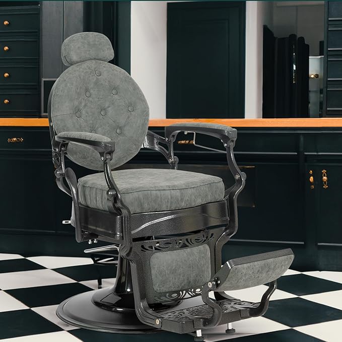Winado Heavy Duty Vintage Recline Barber Chair Hydraulic with Headrest, Supports up to 700lbs & 360° Rotatable, Professional Salon Beauty Spa Shampoo Equipment (Grey - Button Style)