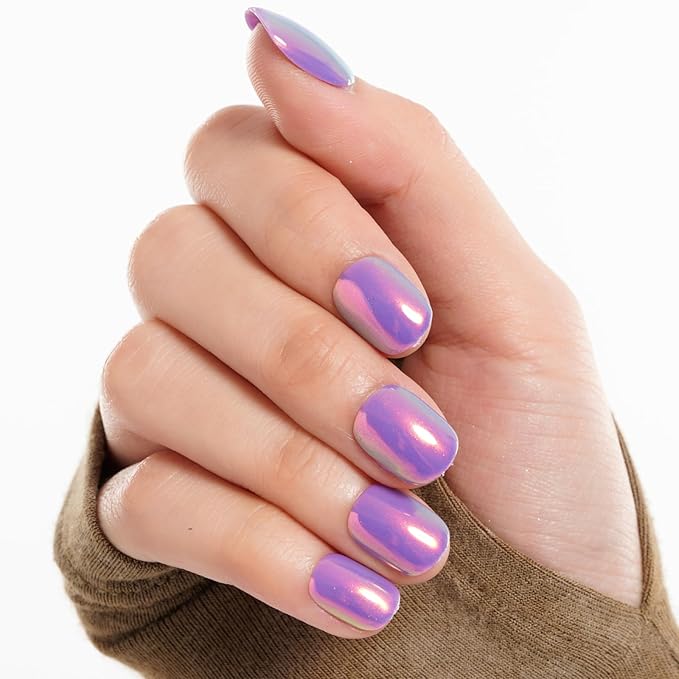 GLAMERMAID Extra Short Press on Nails 24PCS, Handmade Vilot Purple Chrome Fall Gel Glue on Nails, Glossy Round Reusable UV Finish Fake Nails Acrylic False Nails Manicure Kits for Women