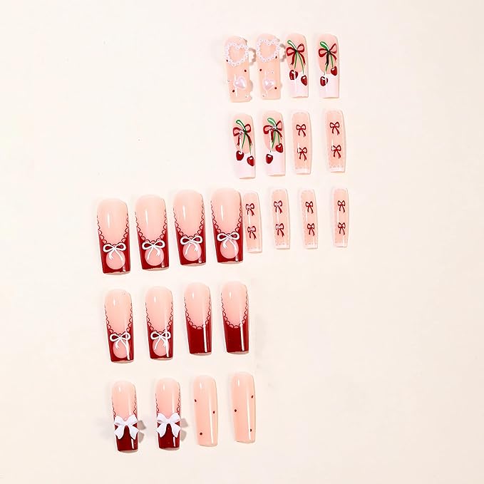 BABALAL Press on Nails Long Square Fake Nails Red White French Tip Artificial Glue on Heart Bow Charm Acrylic Nail Art False Nails 24Pcs Squoval Manicure False Nails Supplies DIY Glossy Stick on Nails