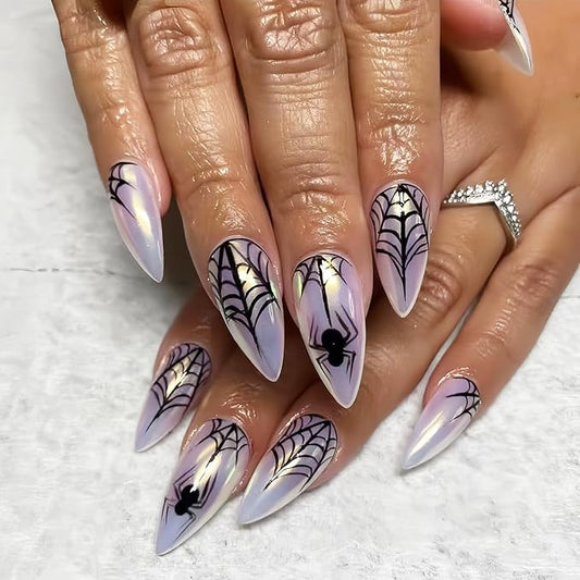 24Pcs Halloween Press on Nails Medium Almond Fake Nails with Spider Design Pink False Nail Shiny Glossy Glue on Nail Spider Web Full Cover Stick on Nails for Women Halloween Party Nail Supplies