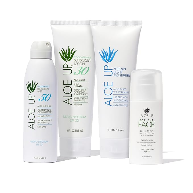 Aloe Up White Collection Sunscreen Spray SPF 50, White Collection Sunscreen Lotion SPF 30, After Sun Light Moisturizer, and SPF 25 For the Face Daily Moisturizer Sunscreen - Suncare Bundle - 4 Items
