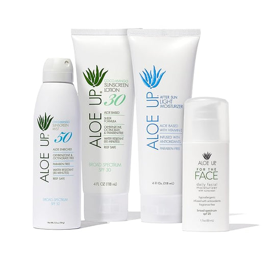 Aloe Up White Collection Sunscreen Spray SPF 50, White Collection Sunscreen Lotion SPF 30, After Sun Light Moisturizer, and SPF 25 For the Face Daily Moisturizer Sunscreen - Suncare Bundle - 4 Items
