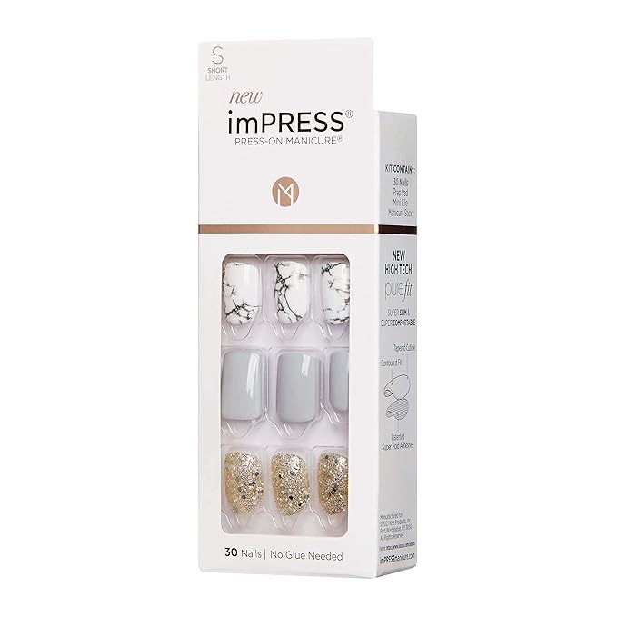 imPRESS Design, Press On Nails, Knock Out, Gray, Short, Size, Squoval, Shape, Includes 30 Nails, Prep Pad, Instructions Sheet, 1 Manicure Stick, 1 Mini File