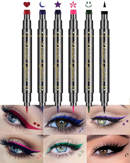 6 PCS Double-Head Liquid Stamp Eyeliner, Colored 6 in 1 Stars Flowers Hearts Moon Smiley Face Triangle Stamps Makeup Stamp Set, Waterproof Slim Gel Felt Tip Liquid Eyeliner, Halloween Makeup