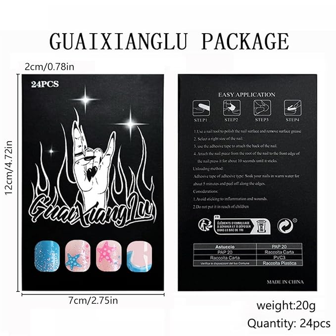 Summer Press on Nails Short Square Fake Nails with Designs Beach False Nails Plam Tree Glossy Full Cover Blue Acrylic Glue on Nails Starfish Sea Stick on Nails for Women Manicure 24 Pcs