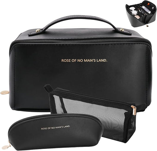 3 Pcs Travel Makeup Bag Portable Large Capacity Cosmetic Bags for Women Open Flat Makeup Case Organizer Bag Set of 3 Waterproof PU Leather Toiletry Bags with Divider and Handle (Black, Medium)