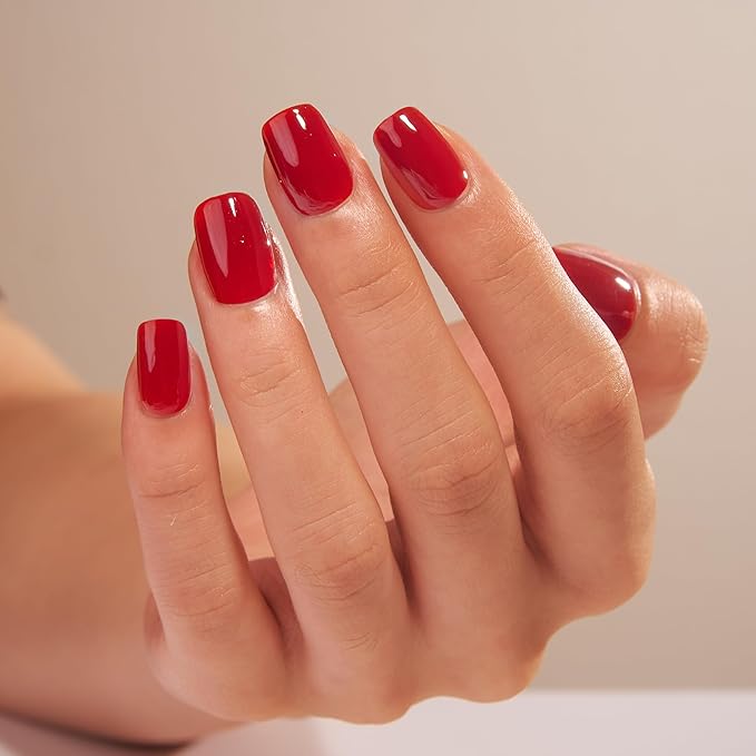 Curvlife Soft Gel Short Press on Nails - Clear Red Square Fake Nails Glossy Design Full Cover 15 Sizes Gel Nails, Women Reusable Nail Kit with Nail Glue Adhesive Tabs