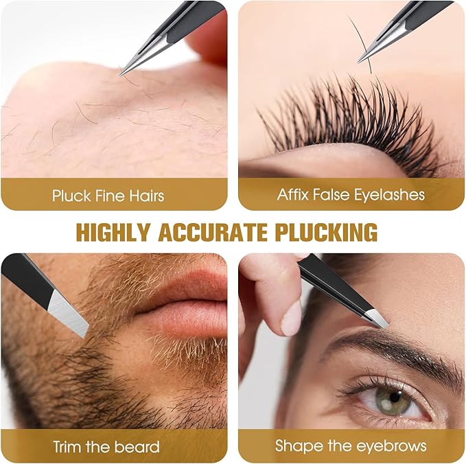 TsMADDTs Slant and Point Tip Tweezers for Women and Men, 2-Pack Professional Stainless Steel Precision Tweezers for Eyebrows, Facial Hair, Ingrown Hair Removal