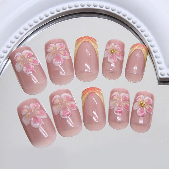 Spring Press on Nails Square Medium Fake Nails with Flower Designs French Tip Nails Press ons Glossy Glue on Nails Nude Acrylic Nails Cute False Nails Summer Stick on Nails for Women 24Pcs