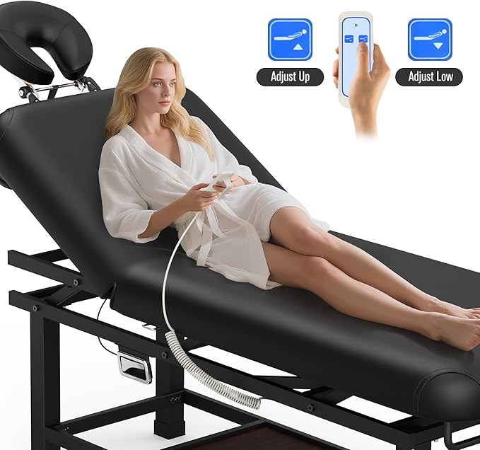 pouseayar Heavy Duty Electric Stationary Massage Table with Backrest Adjustable and Storage Space for Treatment/Medical Spa/Facial/Beauty/Massage Bed and More - 30 Wide x 75 Long - Black