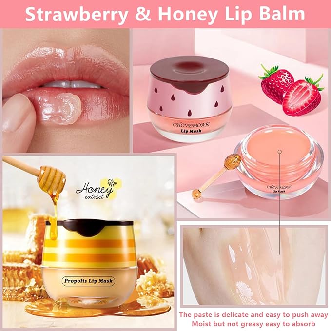 4 Pcs Honey Lip Balm, Strawberry Lime+Watermelon)