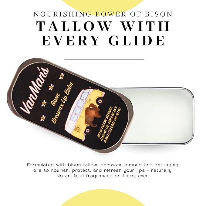 VanMan Beeswax Lip Balm Tin – Organic Bison Tallow Balm with Grass-Fed and Finished Tallow, Sweet Almond Oil, Lanolin, and Beeswax – Hydrating Lip Moisturizer – Bison – 3 Tin Pack