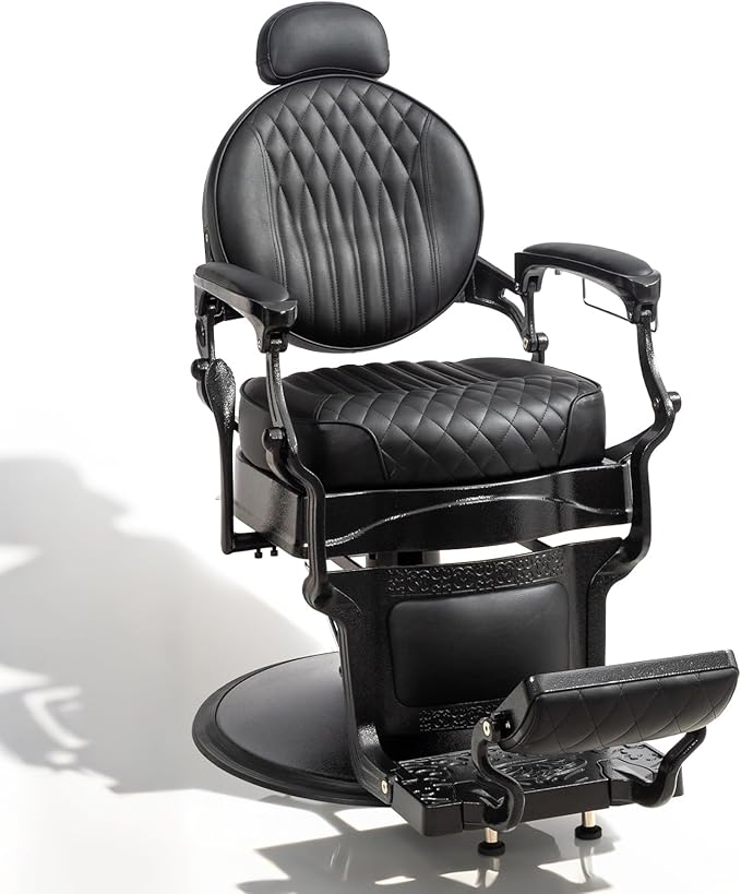 OmySalon Retro Barber Chair Heavy Duty, Aluminum Alloy Frame, Adjustable Headrest, Extra Wide Footrest, Hydraulic Salon Chair for Hair Stylist Reclining All Purpose for Beauty Spa Shampoo, All Black
